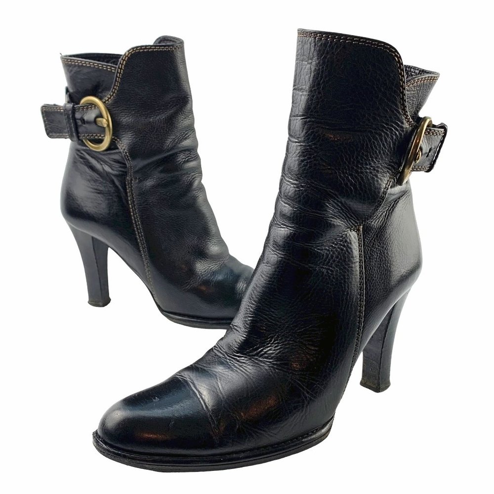 Coach Black Leather Ankle Boots with Gold Buckle